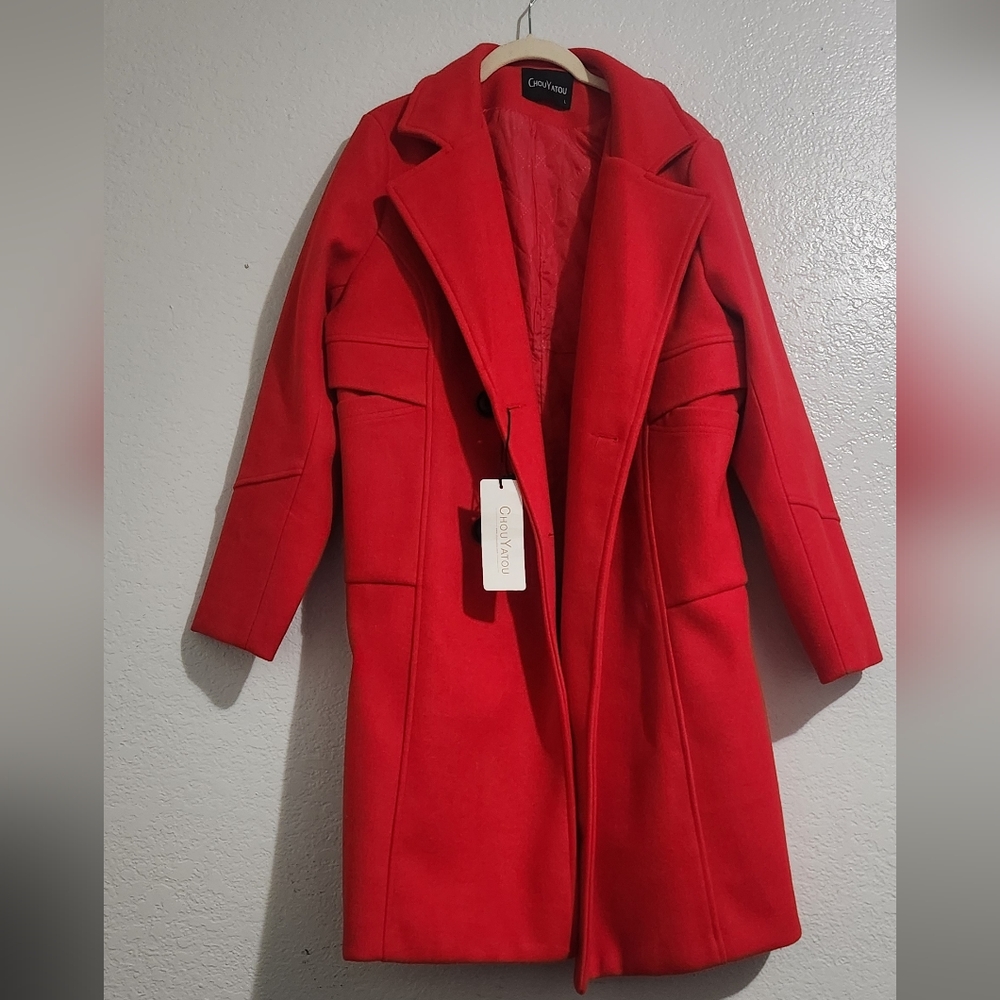 Chouyatou Red Wool Blend Dbl Breasted Pea Coat